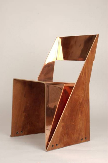 Angular chair in polished copper and wood panels