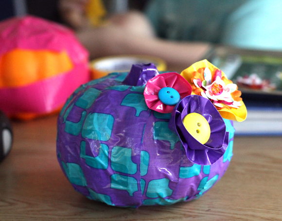 Duct tape and button flower pumpkin