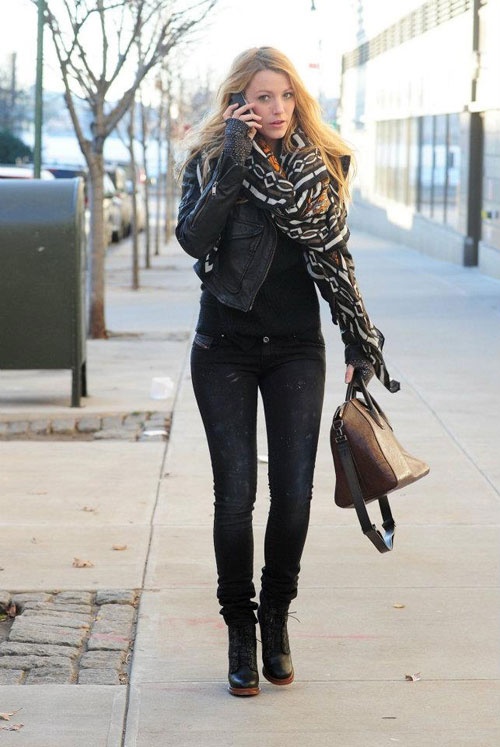 Blake Lively in leather jacket, geometric scarf, skinny jeans and combat boots