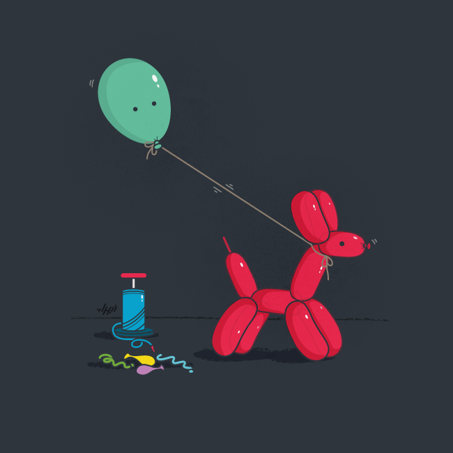 Balloon dog walking a green balloon on a string