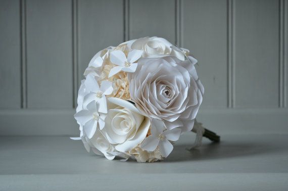 white paper rose bridal bouquet with pearl accents