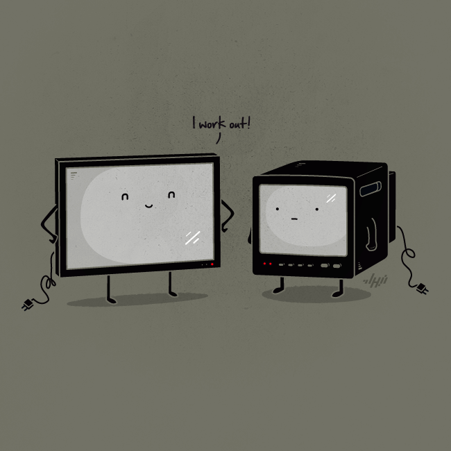 Slim flat-screen TV telling a bulky CRT it works out