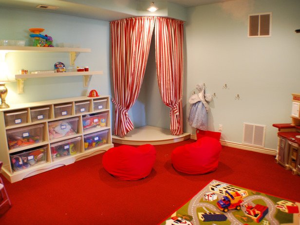Organized kids playroom basement