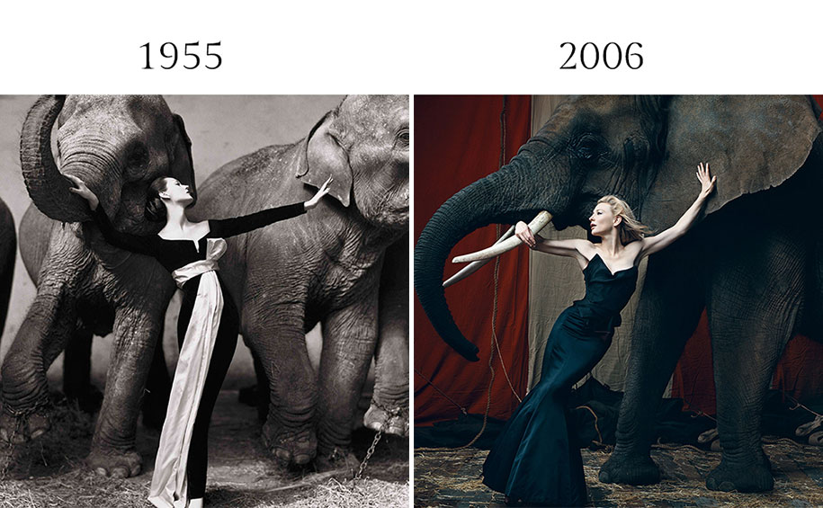 Fashion then-and-now image pairing showing recycled styling ideas