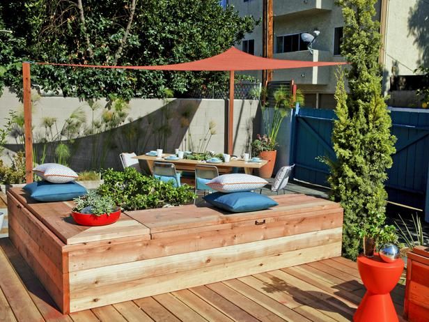 Simple outdoor bench in a green yard