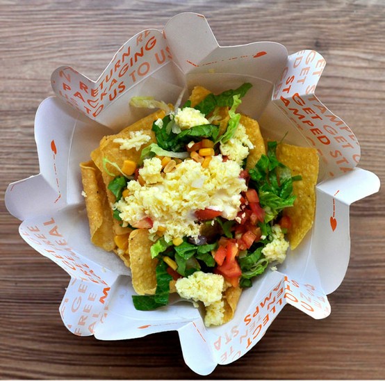 Street food presented in distinctive packaging