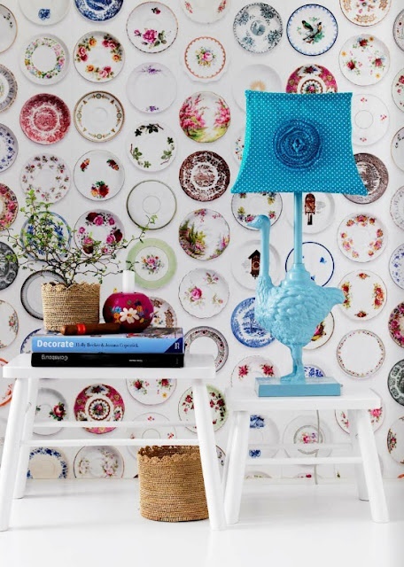 Plate display with warm interior lighting