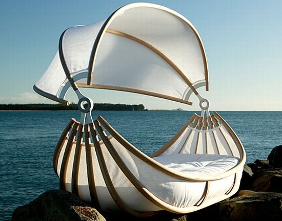 Floating bed in warm interior