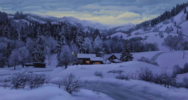Evening-Journey-Evgeny-Lushpin07 Snowy mountain cabins with glowing windows at twilight by Evgeny Lushpin