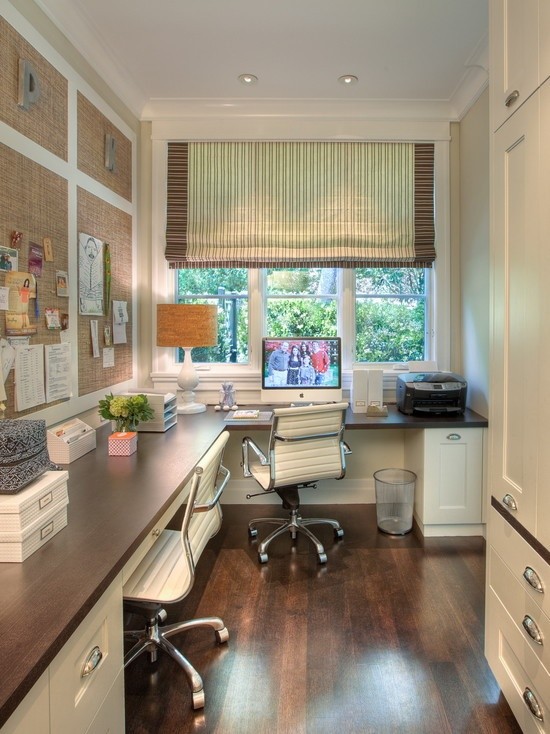 Neat home office with organized shelves