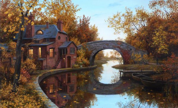 Evening-Journey-Evgeny-Lushpin10 Autumn canal with brick house, stone bridge, and rowboats by Evgeny Lushpin