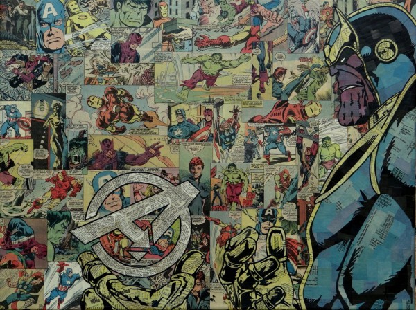 Comic collage with dense panel fragments