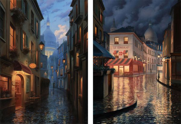 Two Montmartre evening street scenes with Sacré-Cœur by Evgeny Lushpin
