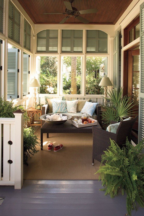 Tall sunroom interior with strong vertical light