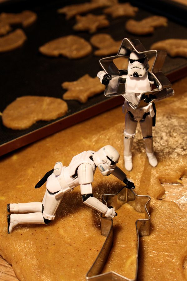 Stormtroopers cutting cookie dough with metal cutters