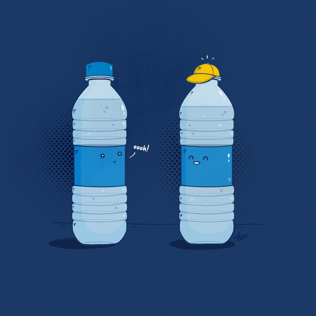 Water bottle impressed by another bottle wearing a baseball cap