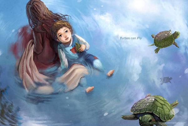 Woman and child among swimming turtles with the title Turtles can Fly