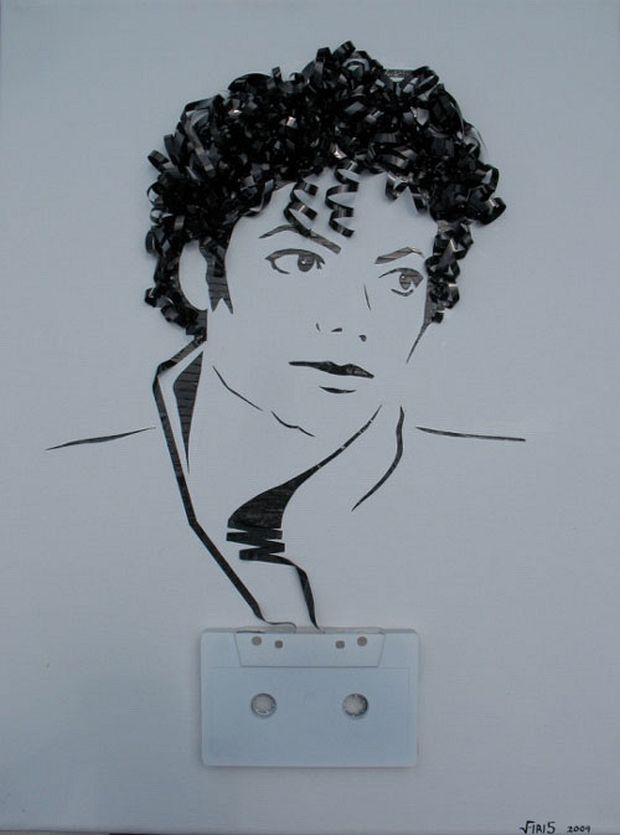 Michael Jackson portrait formed from cassette magnetic tape