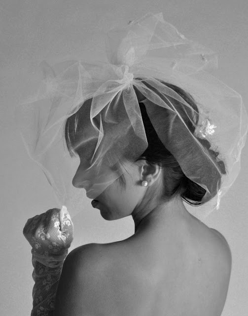 Final birdcage veil look with polished hair