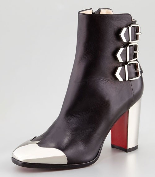boots-boots13 Black leather ankle boot with silver toe cap and buckles