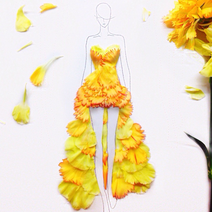 Fashion sketch using real flower petals as gown fabric
