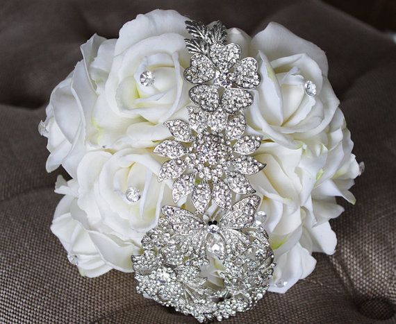 white rose bouquet with crystal brooch and rhinestones