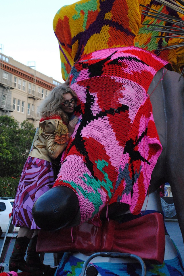 Close view of Olek crochet on dog head