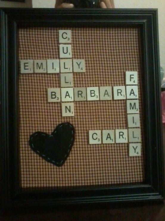 Family names in Scrabble tiles arranged like a crossword in a frame