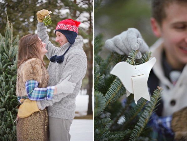 Mistletoe pose at a snowy tree farm with dated ornament detail