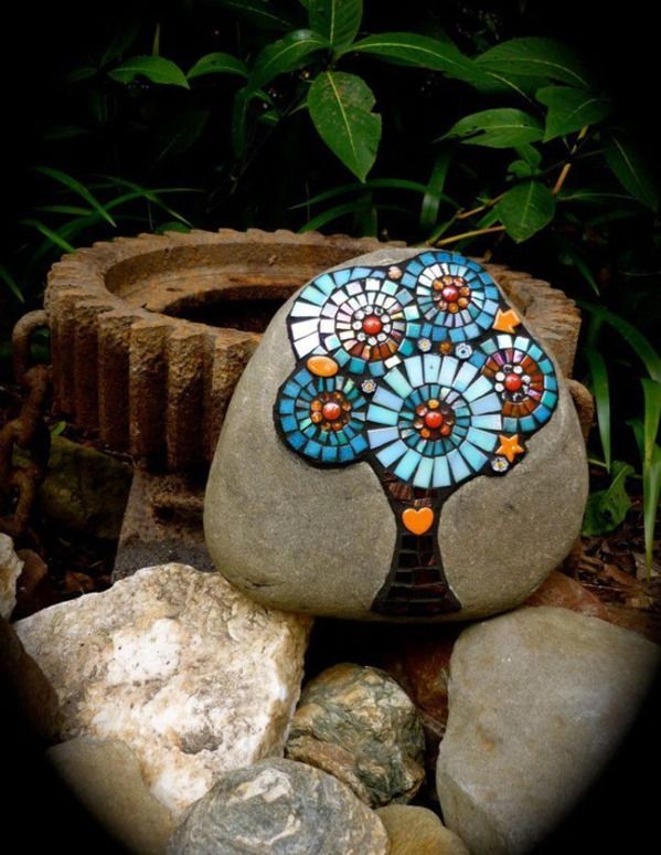 Mosaic tree on a garden rock