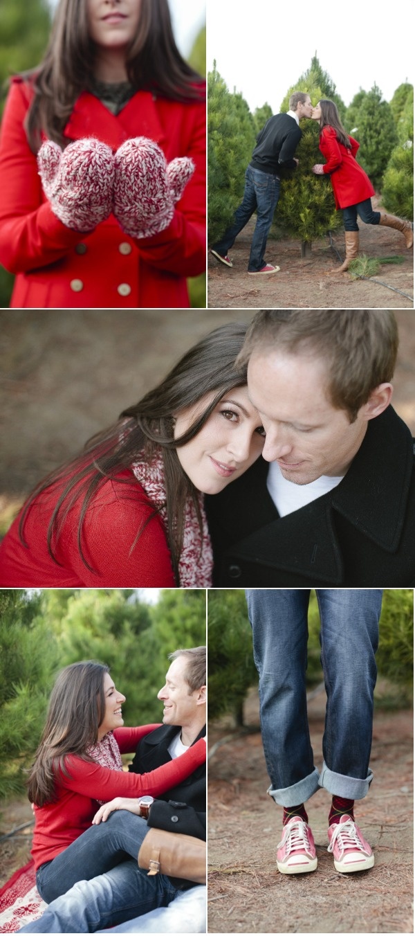Collage of red-coat tree-farm engagement poses and details