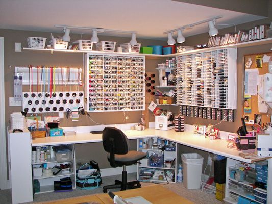 Craft workspace with shelves and table
