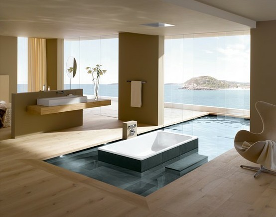 Bathtub with tiled bathroom setting