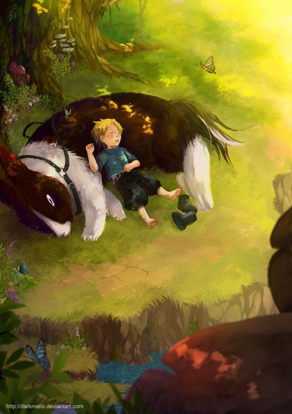 Boy asleep against a large rabbit-like creature in sunlit grass