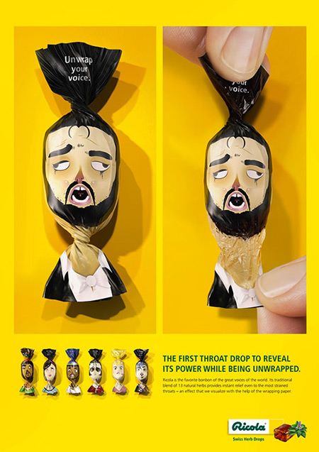 Ricola cough drop wrappers that twist at singers throats