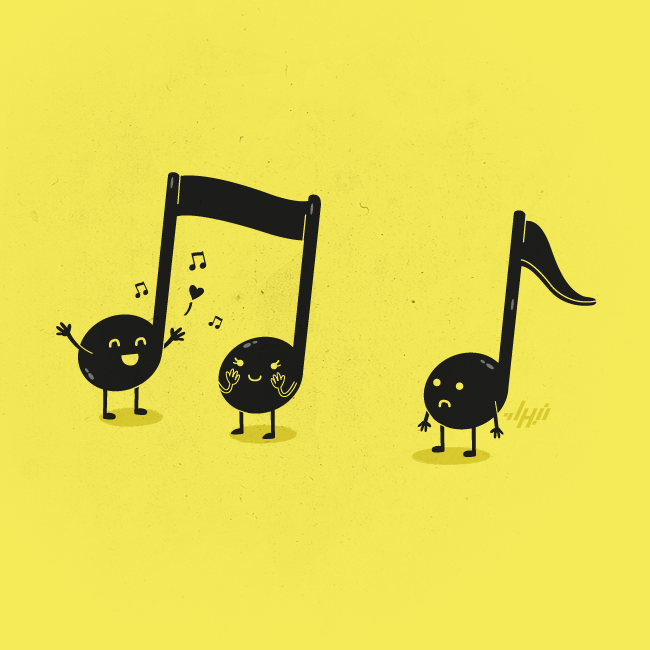 Beamed musical notes as a couple beside a lonely single note
