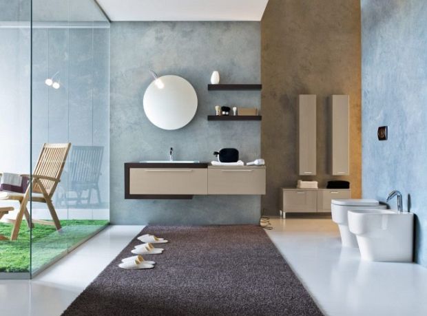 Bathroom with large-format tile and stone surfaces