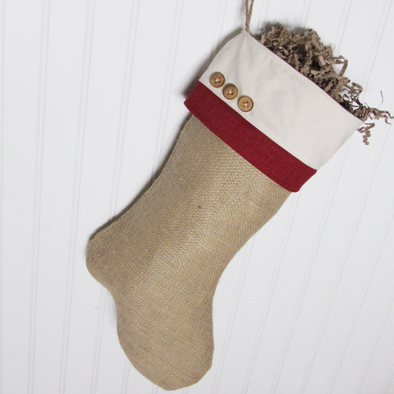 Burlap Christmas Stocking with red accents
