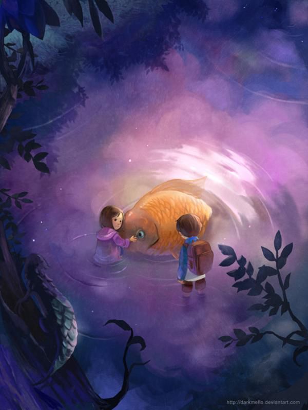 Child meeting a personified glowing moon on stone steps at night