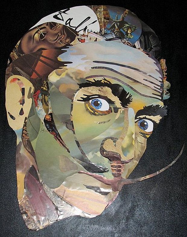 Salvador Dalí collage portrait assembled from paper fragments