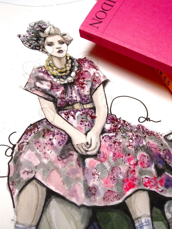 Paper Fashion watercolor gown with ink outline