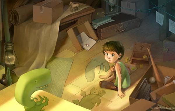 Boy in an attic with dinosaur shadows cast across the floorboards