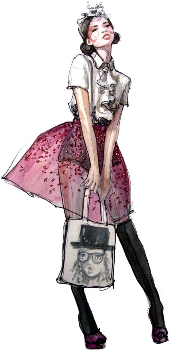 Katie Rodgers mixed-media fashion illustration with sparkle accents