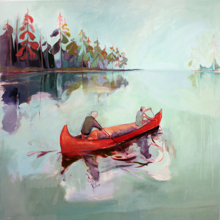 Lake and canoe painting by Charlotte Evans