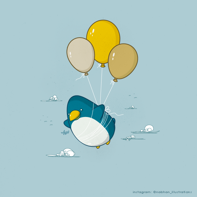 Penguin lifted by three balloons