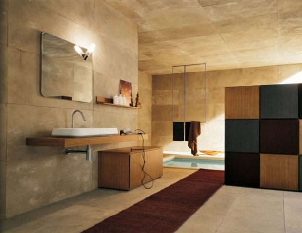 Bathroom vanity with mirror and layered lighting