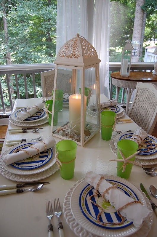 Coastal dining décor with layered blues