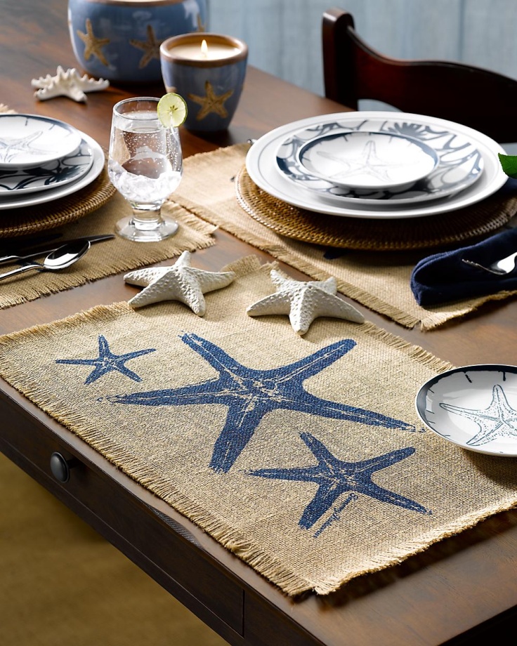 Coastal place setting detail with blue accents