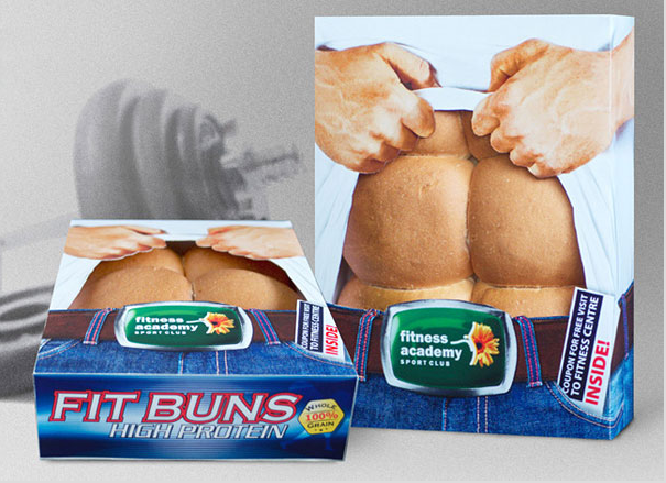 Fit Buns packaging where bread rolls form illustrated six-pack abs