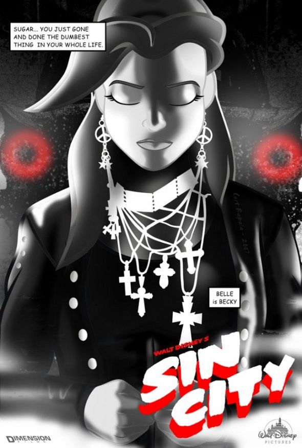 High-contrast Disney Sin City style poster illustration
